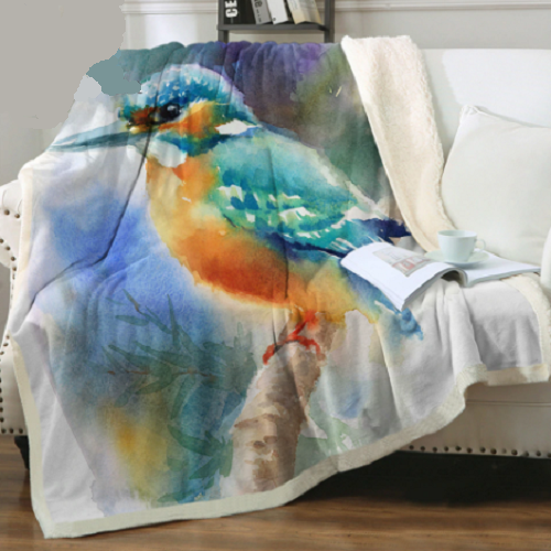 Watercolor Kingfisher Bird Branch Throw Blanket