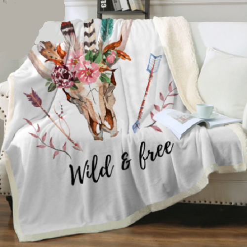 Boho Bull Skull Wild and Free Throw Blanket