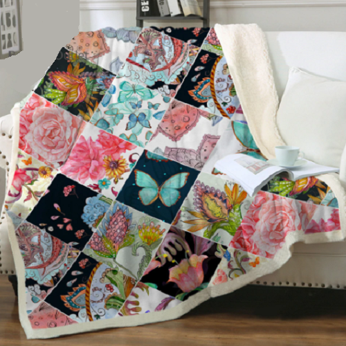 Butterfly Floral Patchwork Collage Throw Blanket