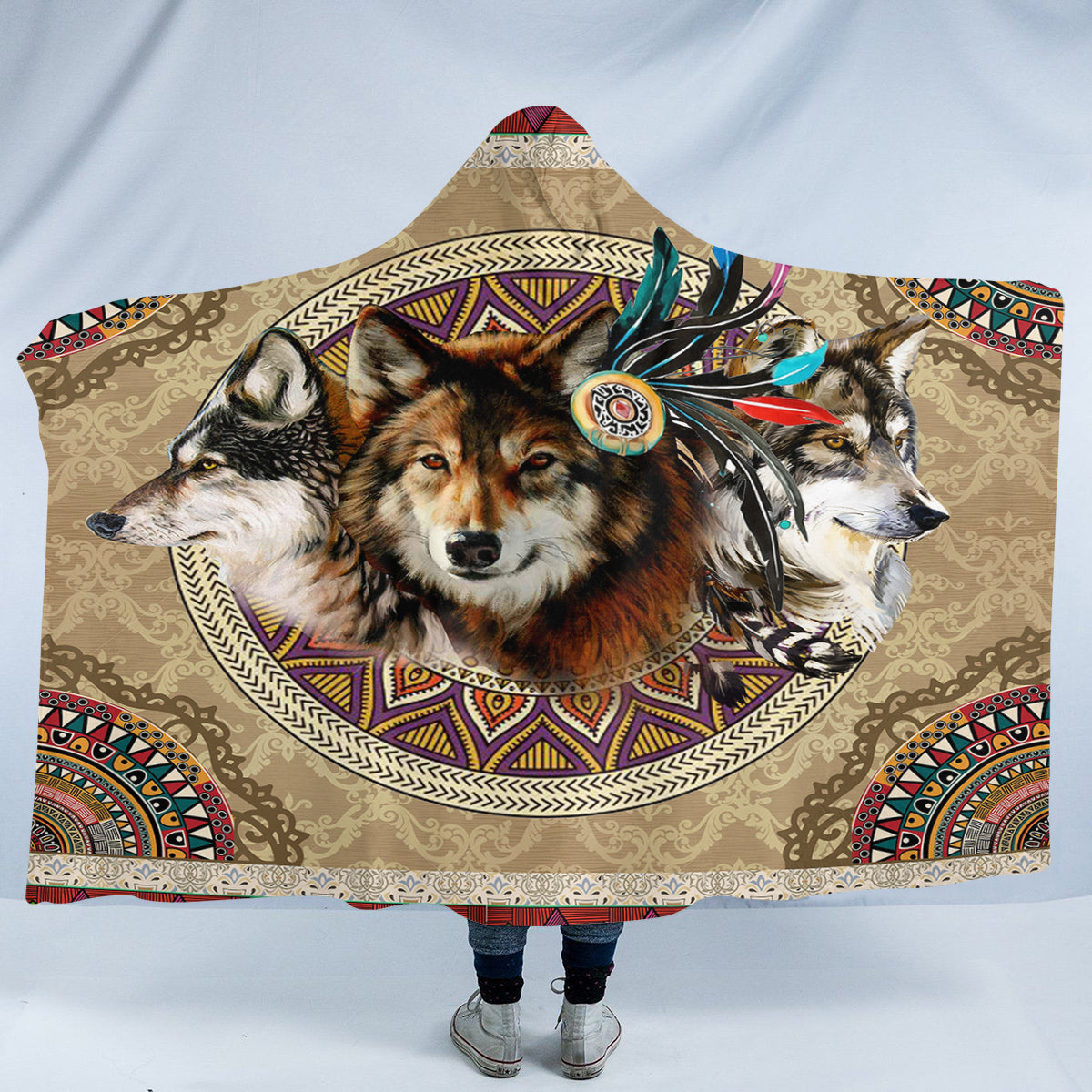 Tribal Wolf Mandala Hooded Blanket