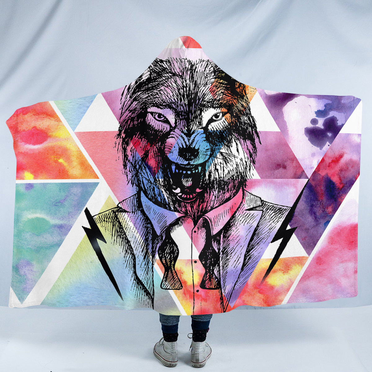 Watercolor Wolf in Suit Hooded Blanket
