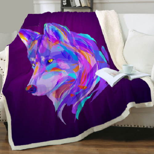 Neon Rainbow Wolf Purple Art Throw Blanket