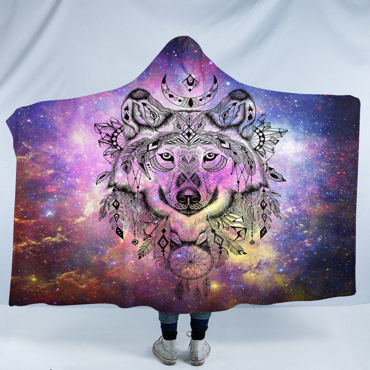 Galaxy Wolf Dream Catcher Hooded Blanket