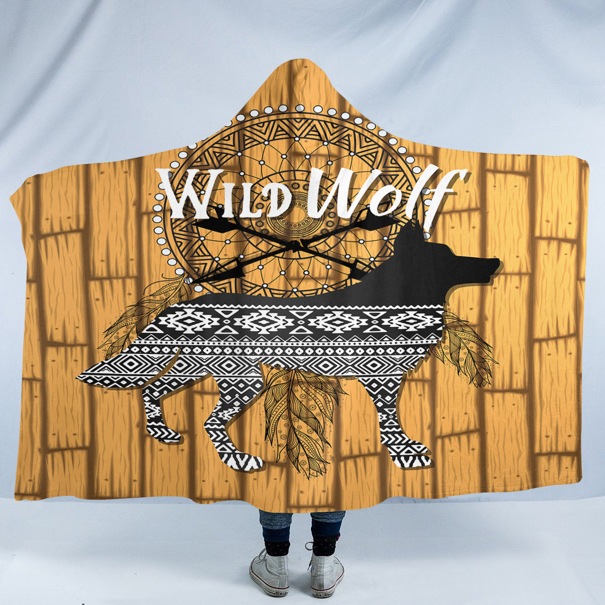 Wolf Tribal Aztec Hooded Blanket
