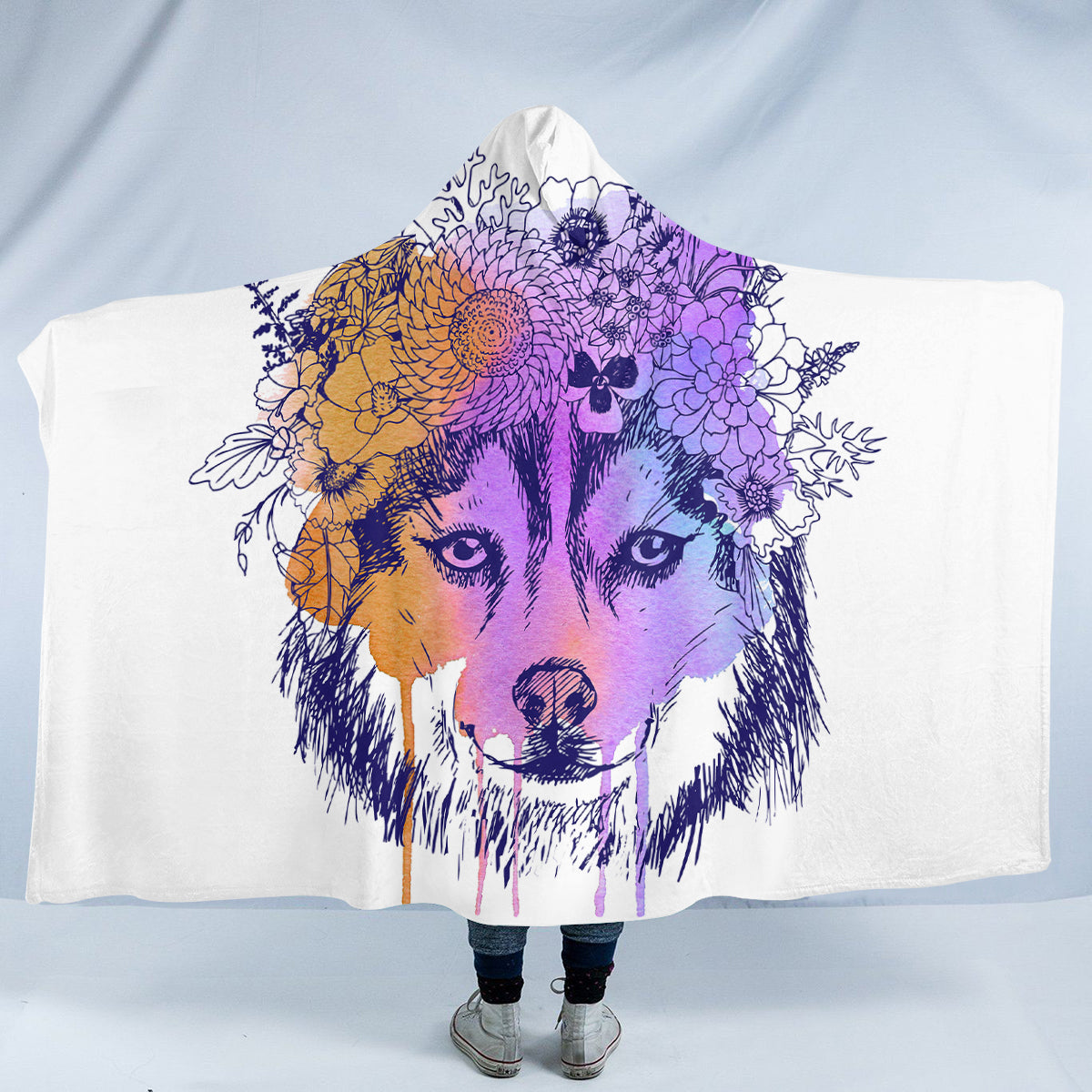 Floral Crown Wolf Watercolor Hooded Blanket