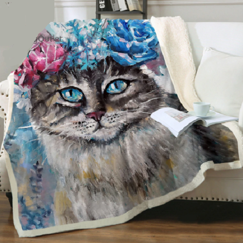 Floral Crown Cat Blue Eyes Throw Blanket
