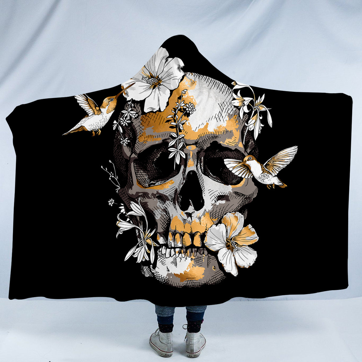 Floral Skull Hummingbird Hooded Blanket