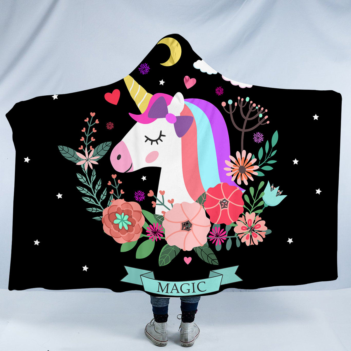Magic Unicorn Floral Hooded Blanket