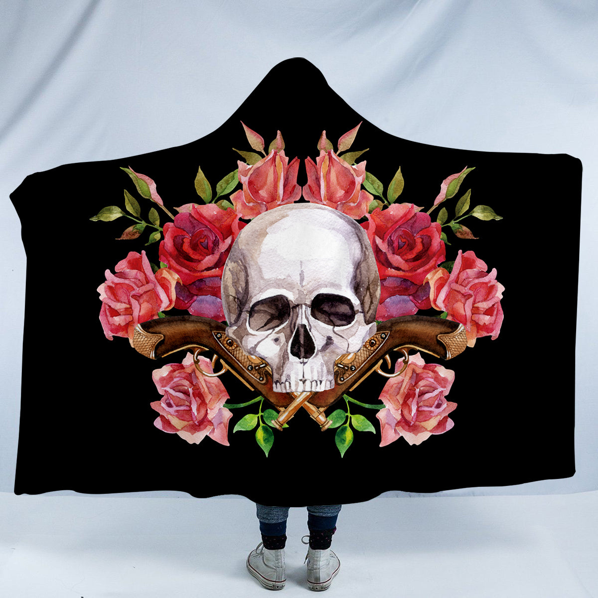 Skull Red Roses Pistols Hooded Blanket