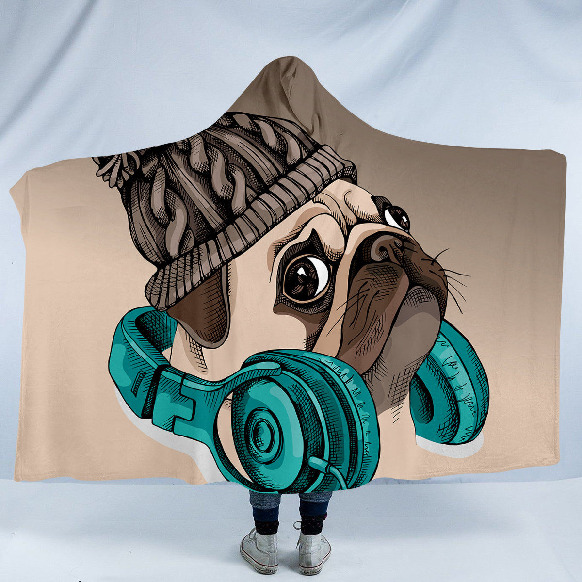 Cool Pug Headphone Hooded Blanket