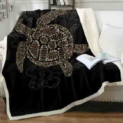 Gold Tribal Sea Turtle Black Throw Blanket