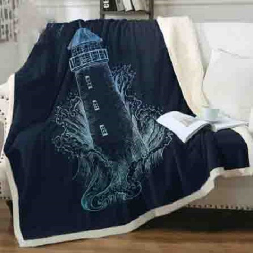Navy Blue Lighthouse Ocean Waves Throw Blanket