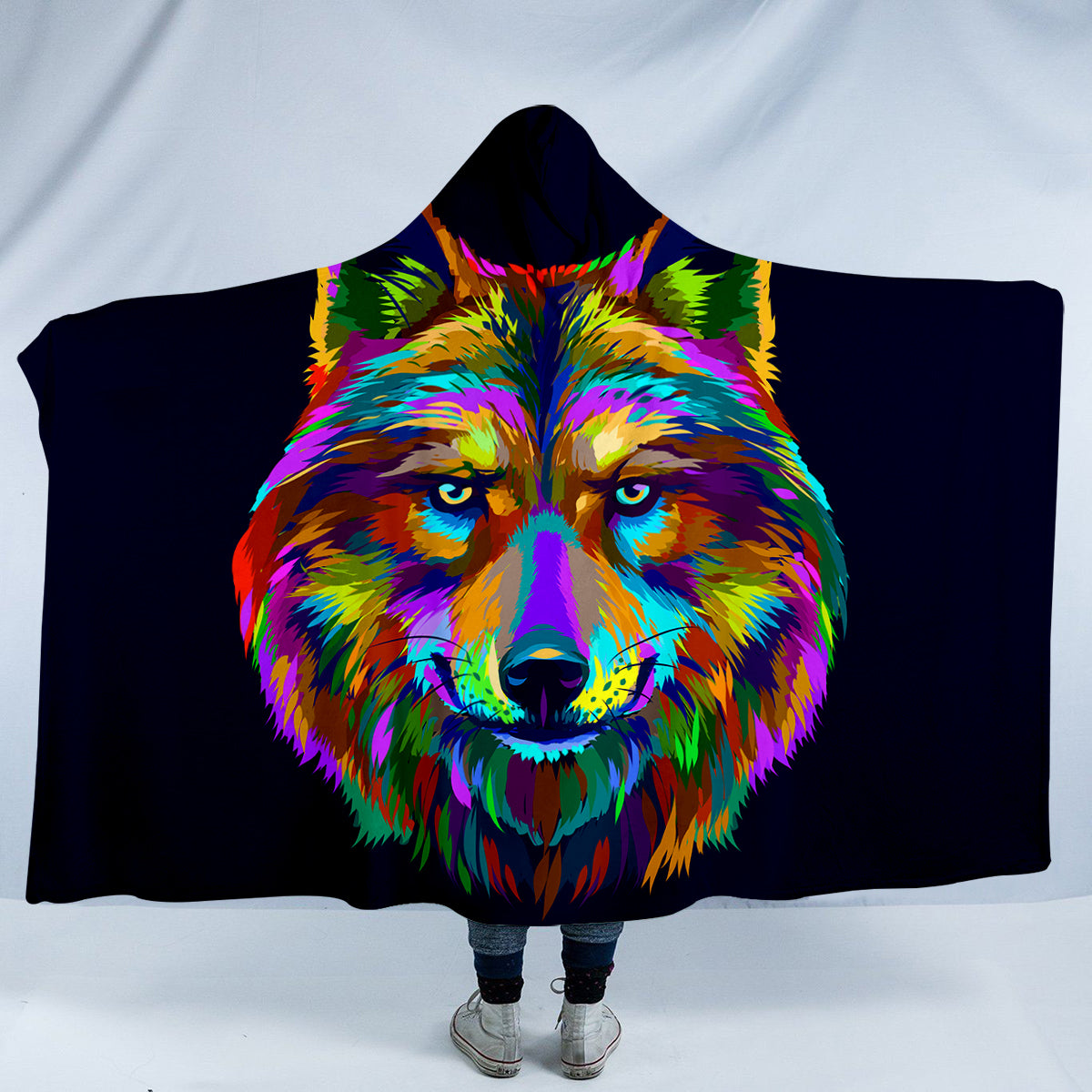Multicolor Wolf Hooded Blanket