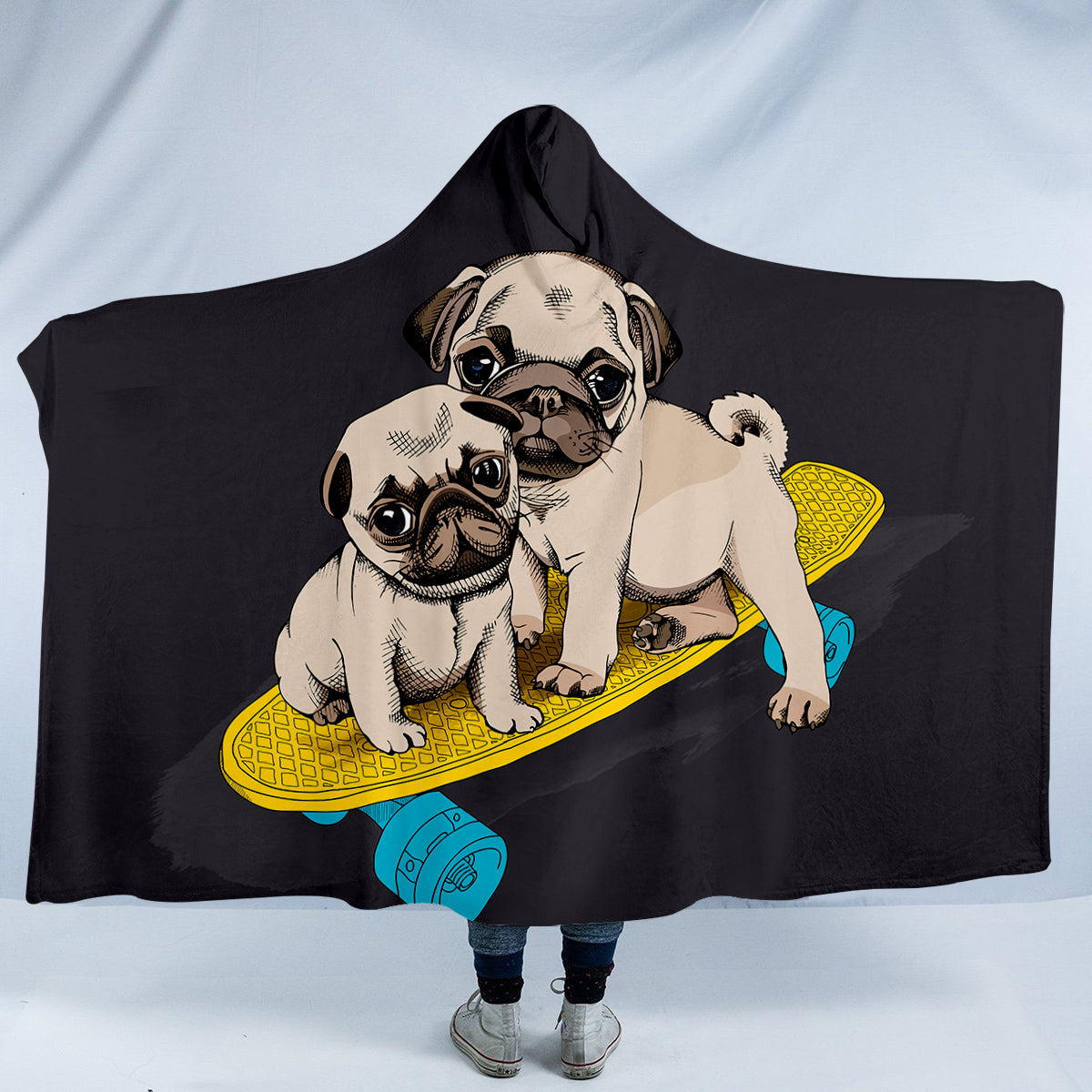 Pug Puppies Skateboard Hooded Blanket