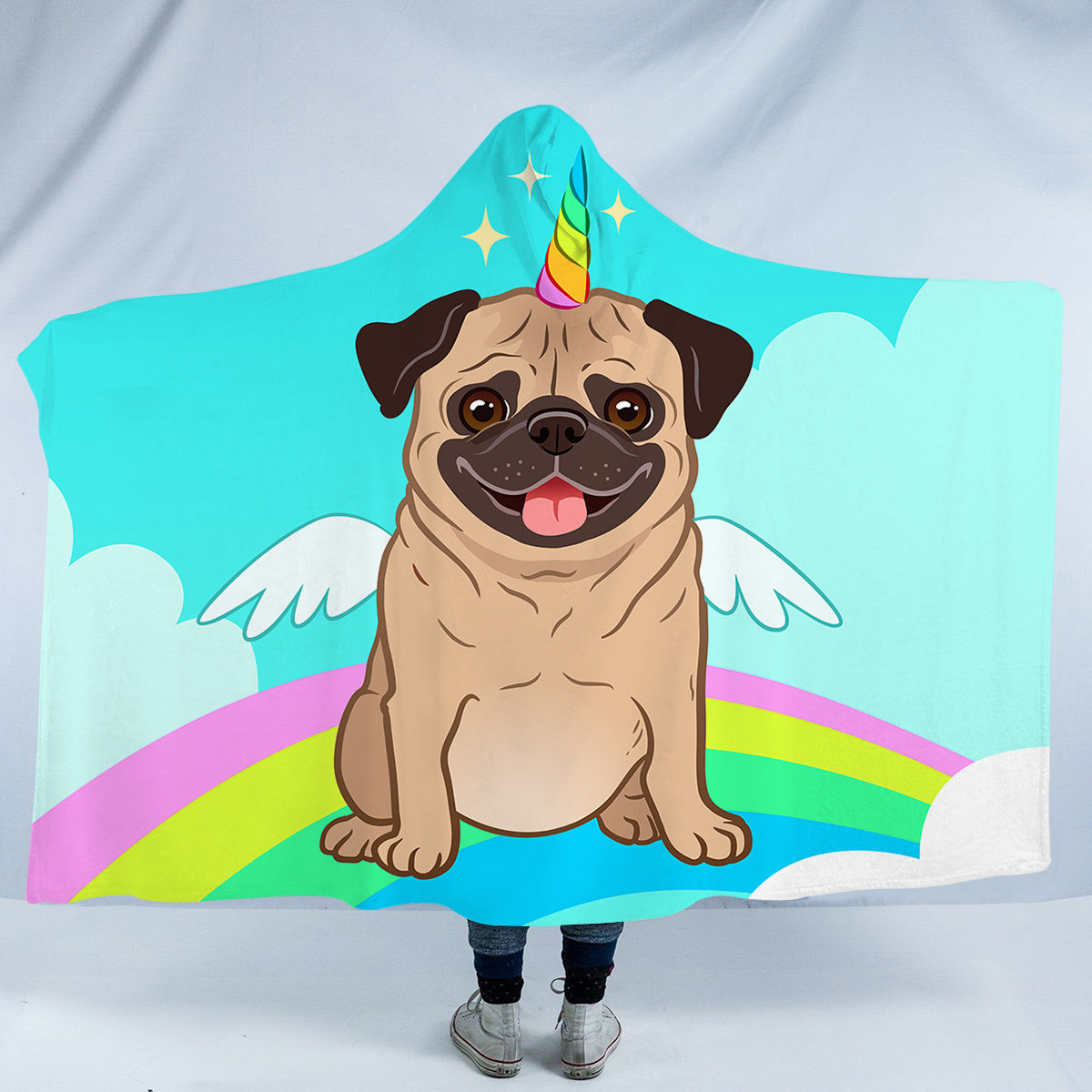 Pug Rainbow Sky Hooded Blanket