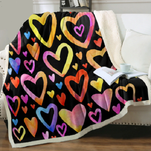 Colorful Watercolor Hearts Black Throw Blanket