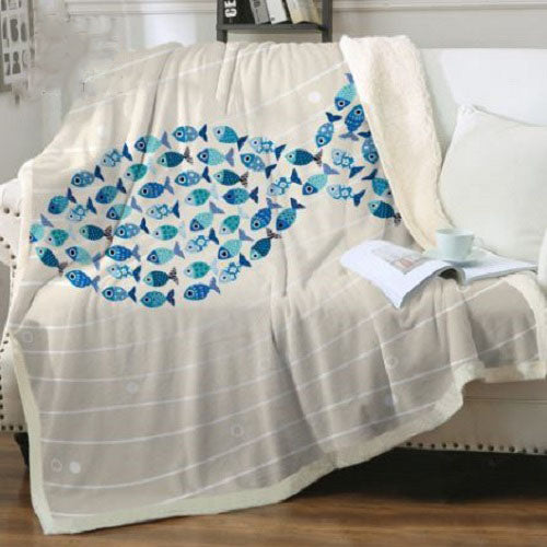 Blue Fish School Ocean Beige Throw Blanket