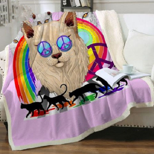 Hippie Lion Rainbow Peace Cats Throw Blanket