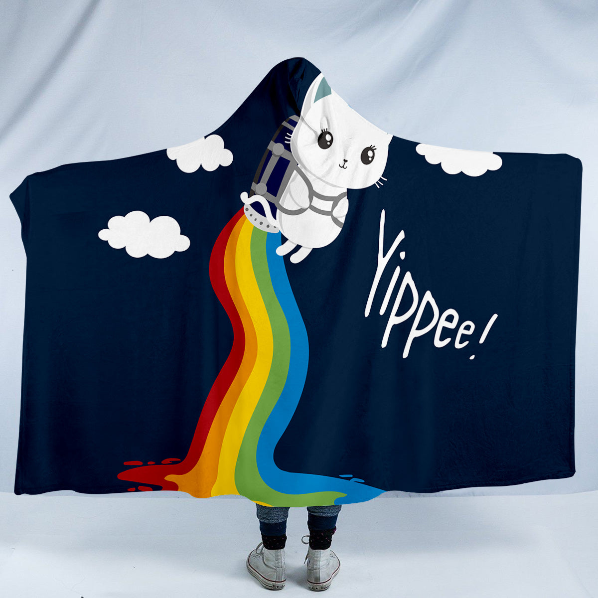 Space Cat Rainbow Hooded Blanket