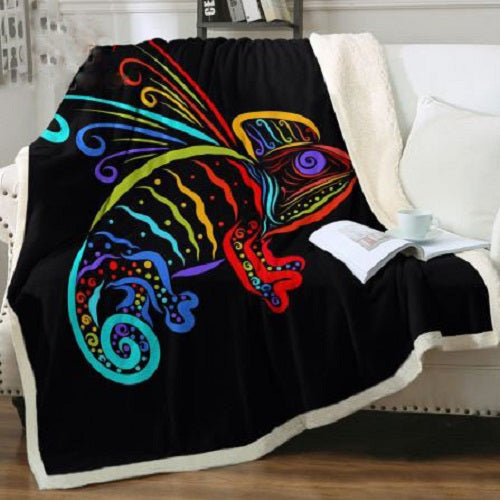 Neon Rainbow Chameleon Black Art Throw Blanket