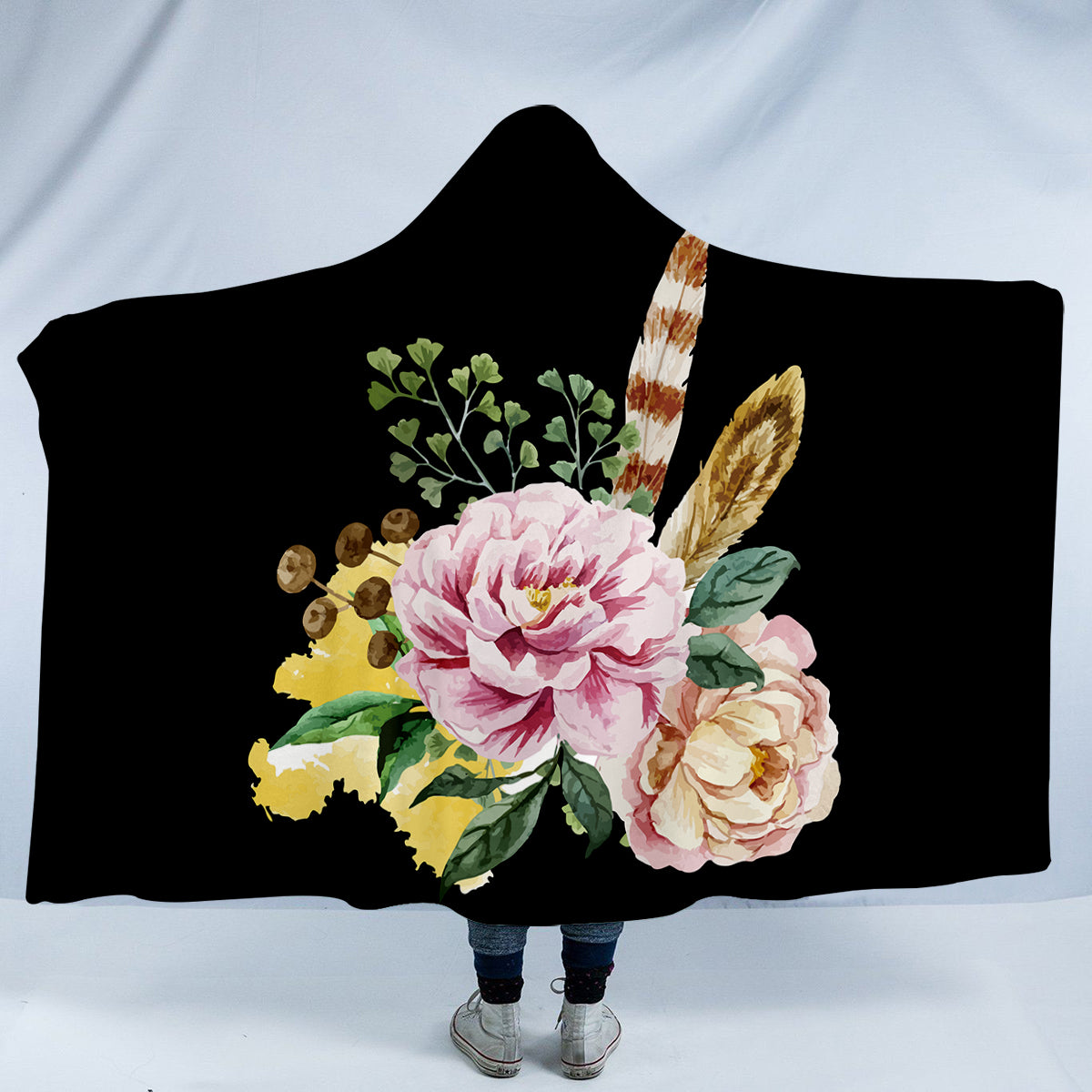 Pink Roses Feathers Hooded Blanket