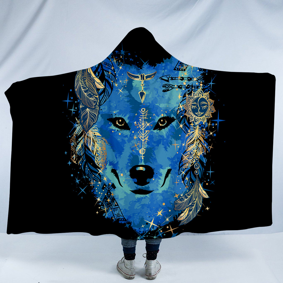 Mystical Blue Wolf Hooded Blanket