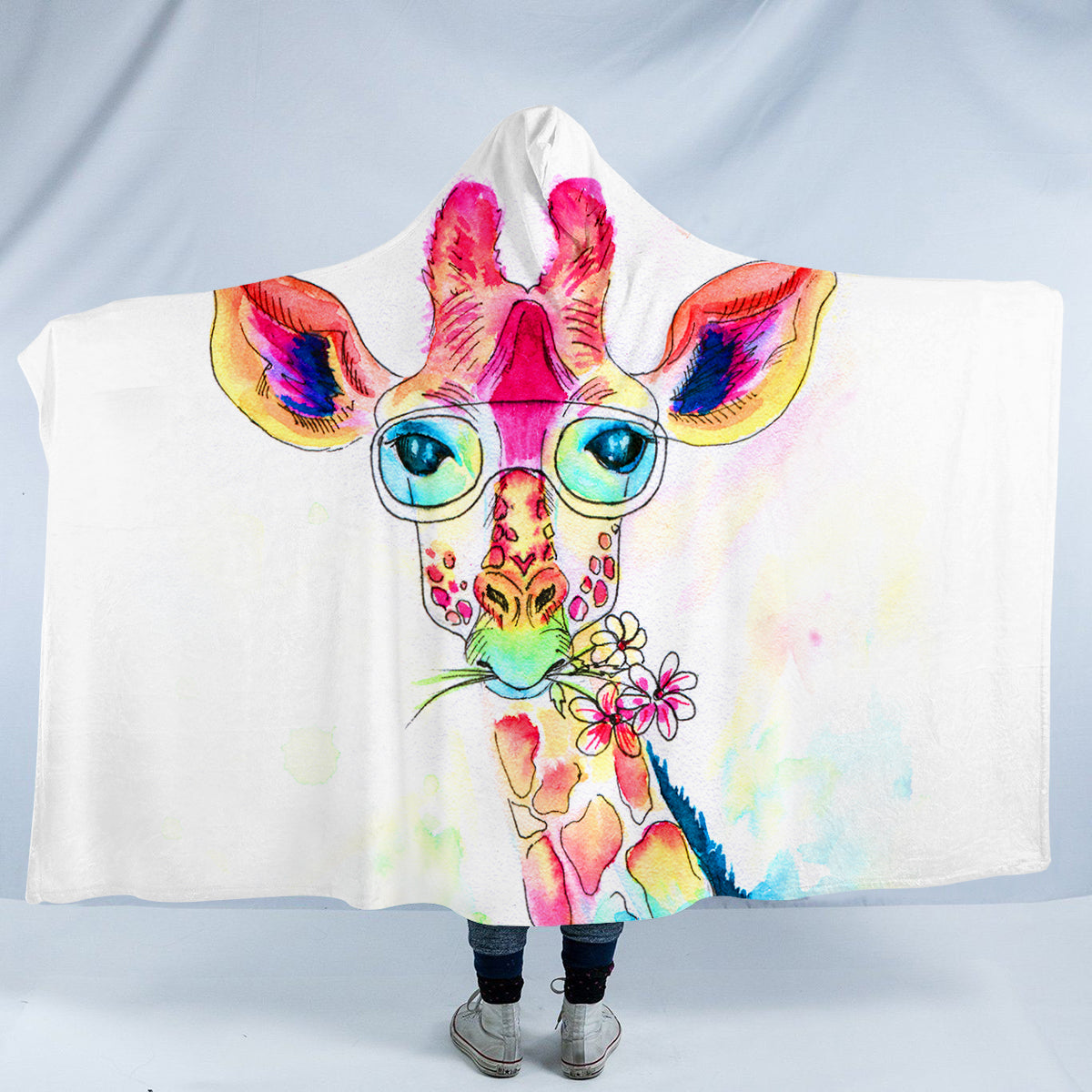 Colorful Giraffe with Glasses Hooded Blanket