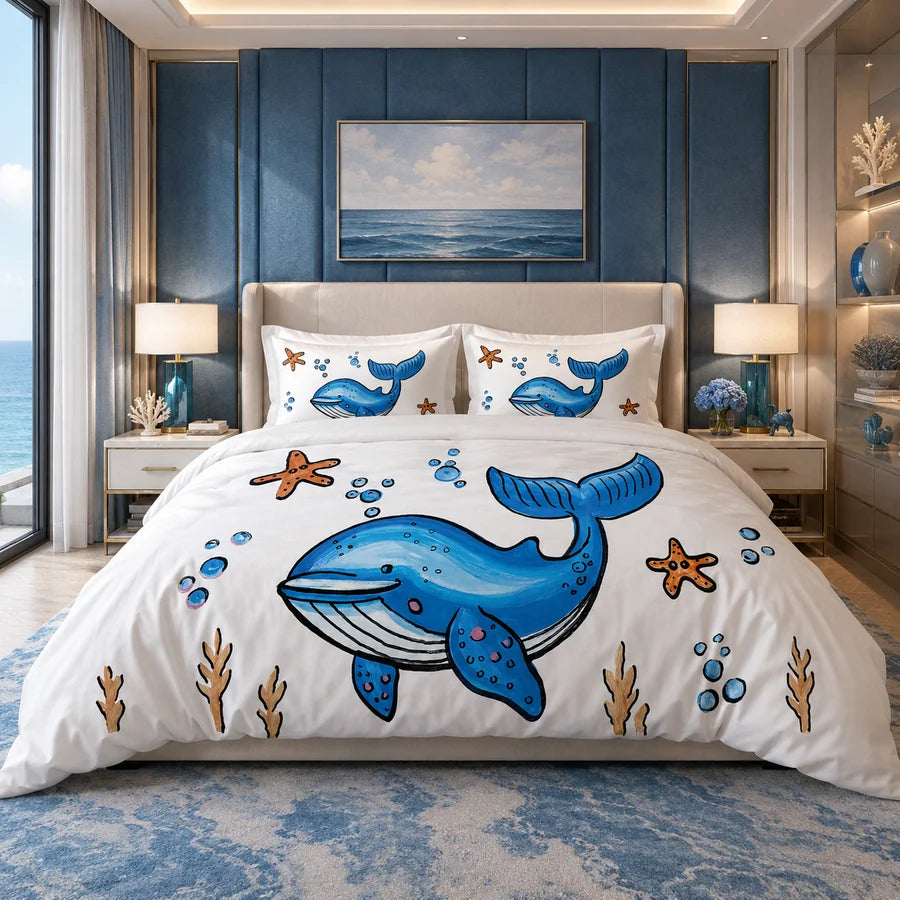 A bed dressed in a white duvet cover and matching pillowcases featuring a large blue whale, blue starfish, and blue bubbles, styled in a modern bedroom with blue wall panels and bedside lamps.
