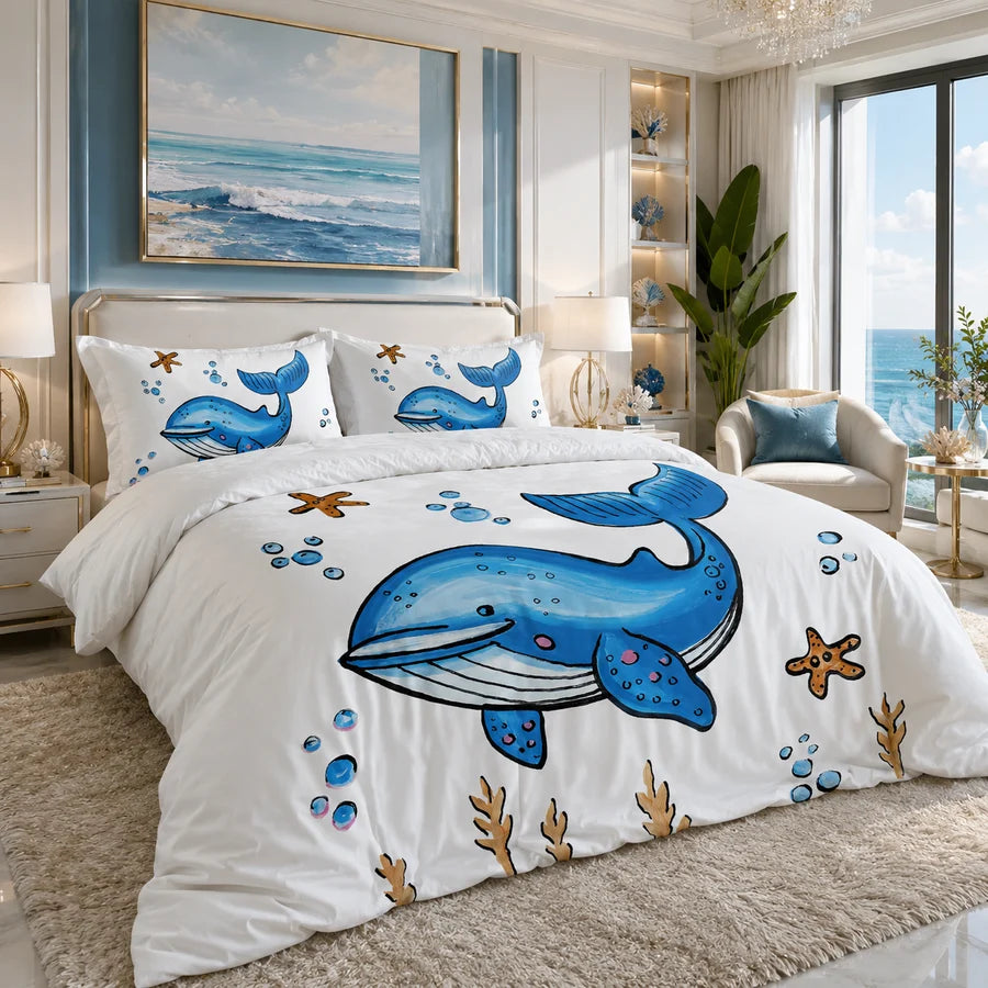 A white bedding set with a blue whale and starfish ocean print, styled on a bed in a bright, modern bedroom with blue walls and an ocean view.