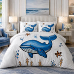 Whale duvet cover set featuring a blue whale and starfish design