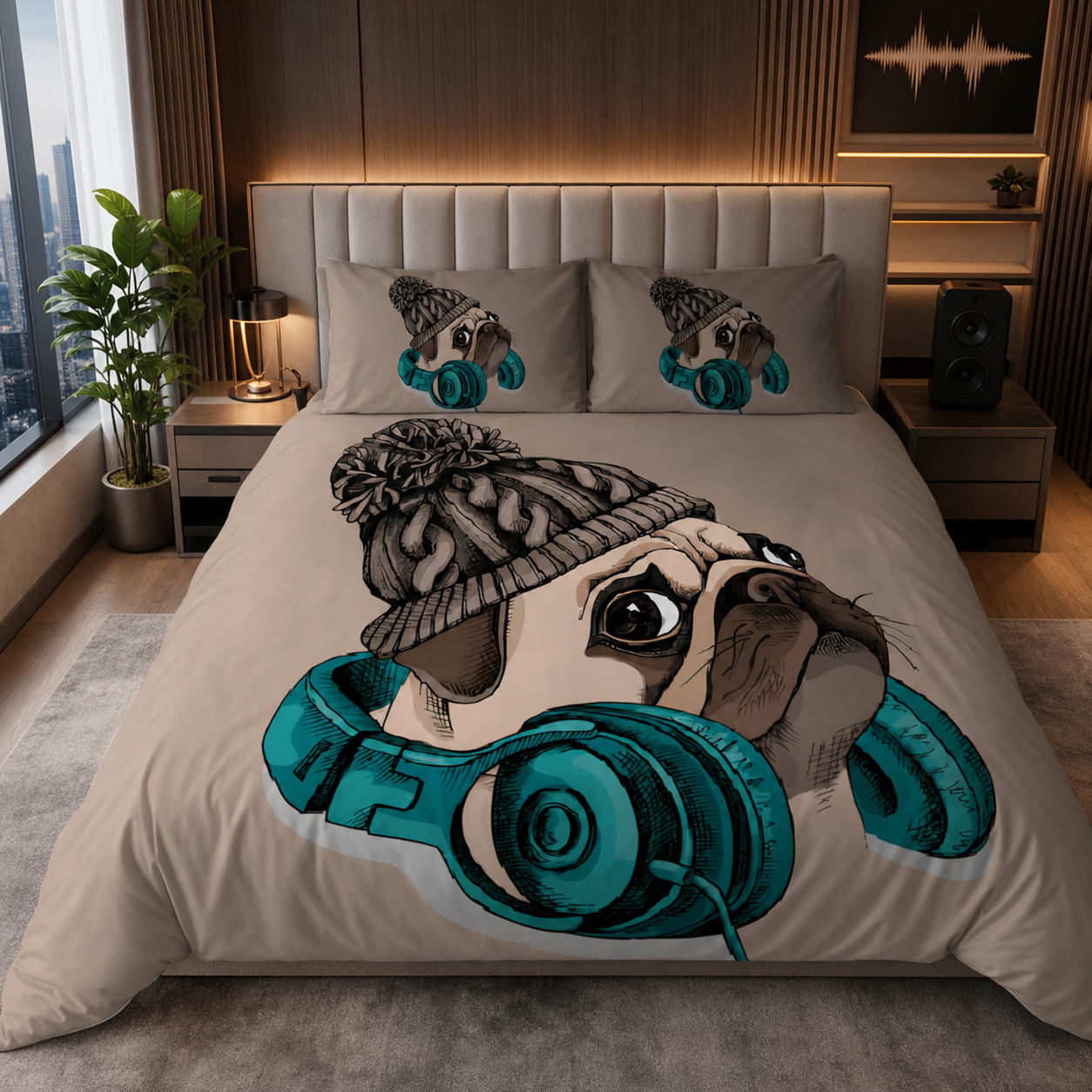 Cool Pug with Headphone Bedding Set