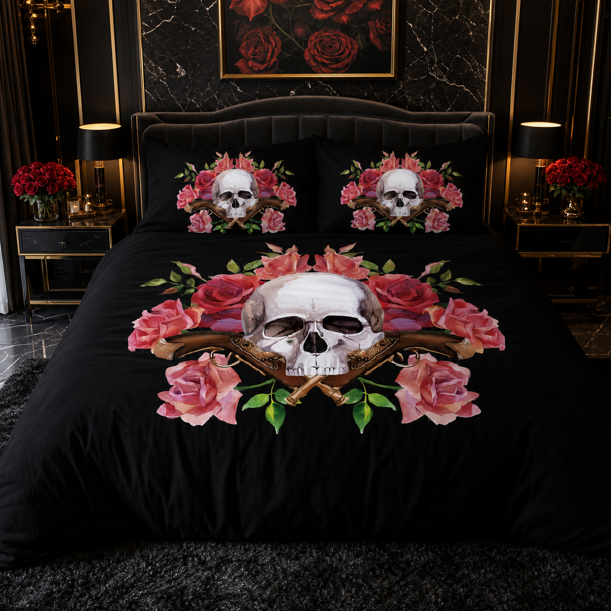Skull and Roses Pistols Bedding Set