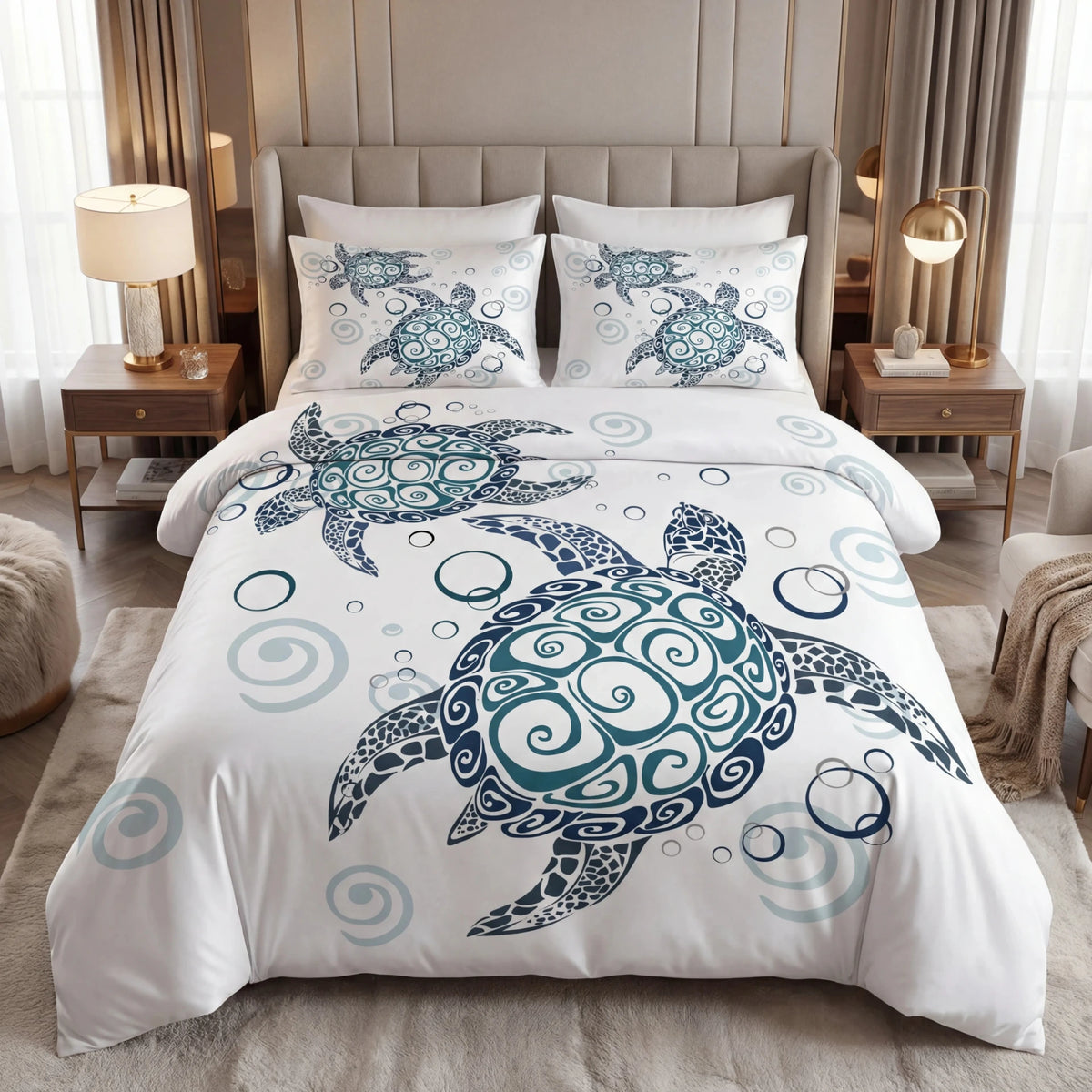 Marine turtle bedding set featuring a crisp turtle quilt cover design