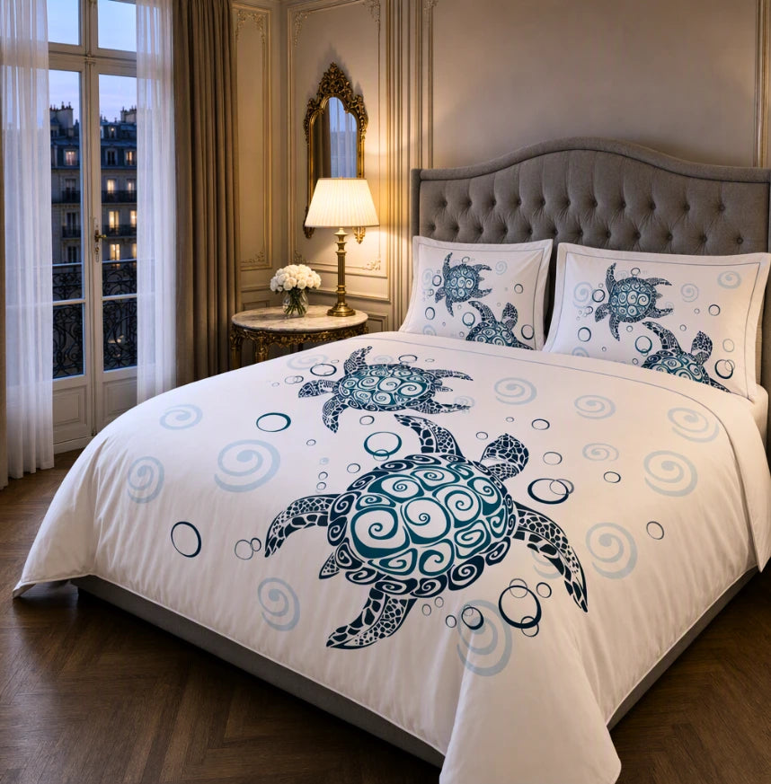 A bed dressed in a white bedding set featuring a large blue sea turtle and matching pillowcases, styled in a classic Parisian-style bedroom with wood floors, a window, and a bedside table in left side angle.