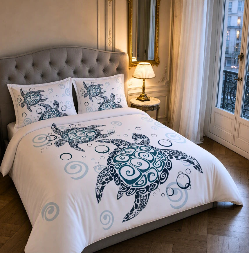 A bed dressed in a white duvet cover and matching pillowcases featuring a large dark teal turtle illustration with swirling patterns and smaller light blue bubble motifs, styled in a bedroom with a tufted gray headboard, bedside lamp, mirror, and window.