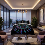 Modern bedroom with colorful dreamcatcher design bedding, large windows, and decorative elements.