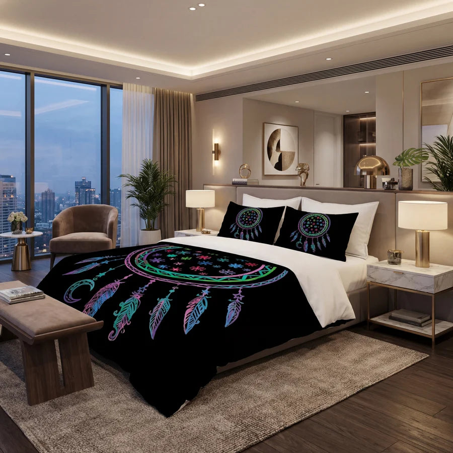 A modern bedroom with a bed dressed in black bedding featuring a large colorful dreamcatcher and feather pattern, with matching pillow shams. The room includes a bench, nightstands, lamps, plants, and a city view through large windows.