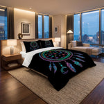 Bedroom with a bed featuring a colorful dreamcatcher design on a black background.