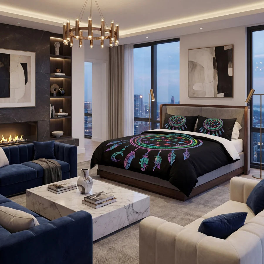 Modern bedroom with a colorful bedspread, blue sofa, and city view.