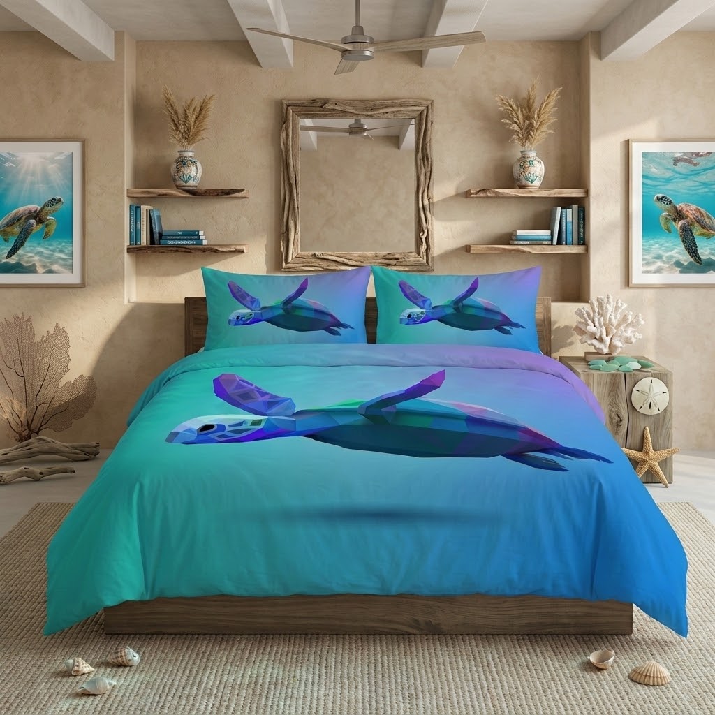 A bed dressed in a colorful turtle-print bedding set, shown in a styled bedroom with ocean-themed wall art, shelves, and beach decor.