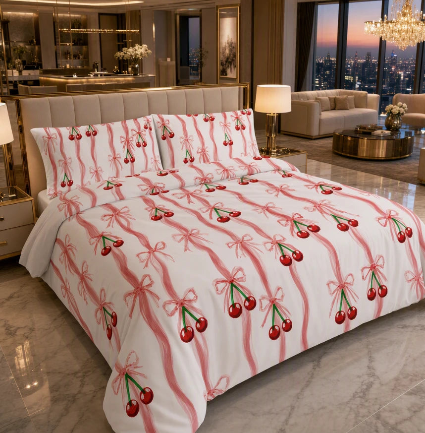 Red cherry quilt cover set on a modern bed
