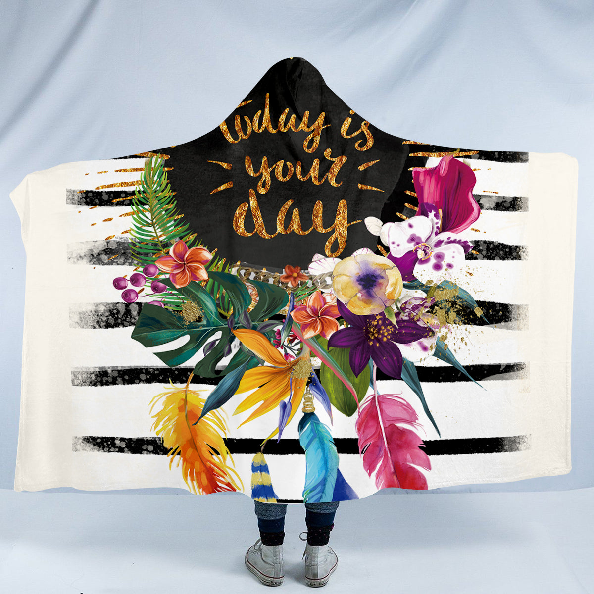 Motivational Floral Hooded Blanket