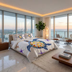 Modern bedroom with a large bed featuring a colorful turtle design, overlooking a cityscape.