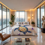 Modern bedroom with a colorful Sea turtle king single quilt cover, large windows, and cityscape view.