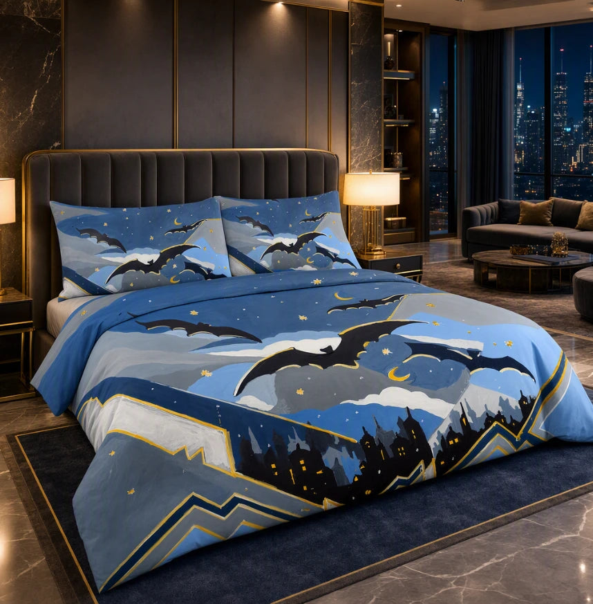 A bed dressed in a blue and gray night-sky themed duvet cover and pillowcases, featuring silhouettes of bats, crescent moons, and castle-like shapes, styled in a modern luxury bedroom with dark wood paneling and a city view at night.