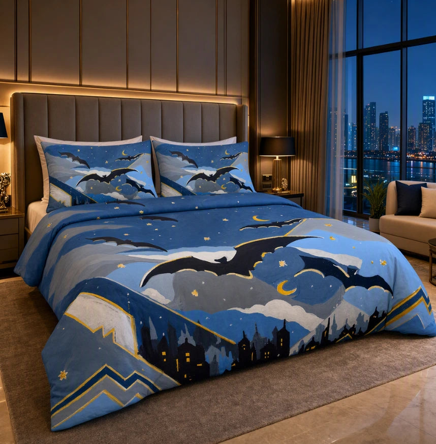Bat City kids quilt covers on a child's bed