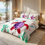 Red sea turtle quilt cover set on a large bed