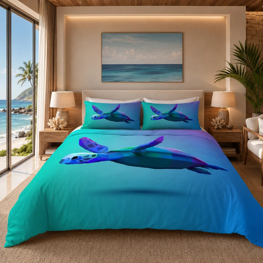 Low poly sea turtle double quilt cover with modern aquatic design