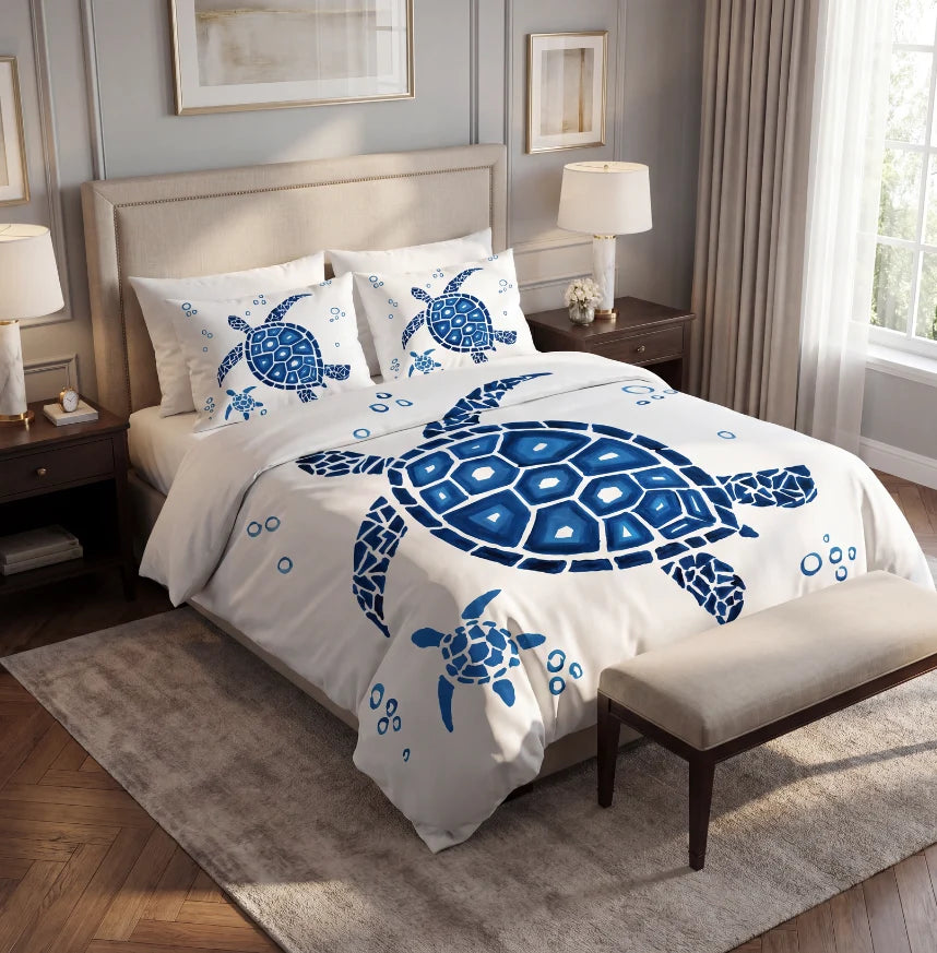 A bed dressed in a white duvet cover and matching pillowcases featuring a large blue geometric sea turtle design, styled in a modern bedroom with wooden nightstands, lamps, and a window.
