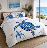 Ocean blue quilt cover set featuring a sea turtle design